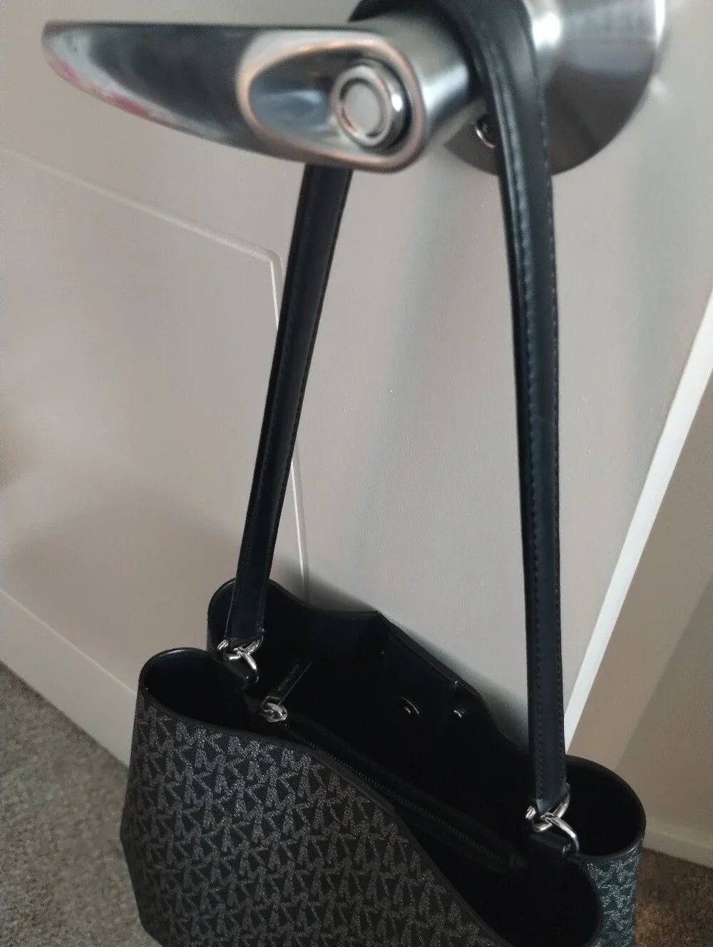 Michael Kors Black and Silver Signature Stripe Purse